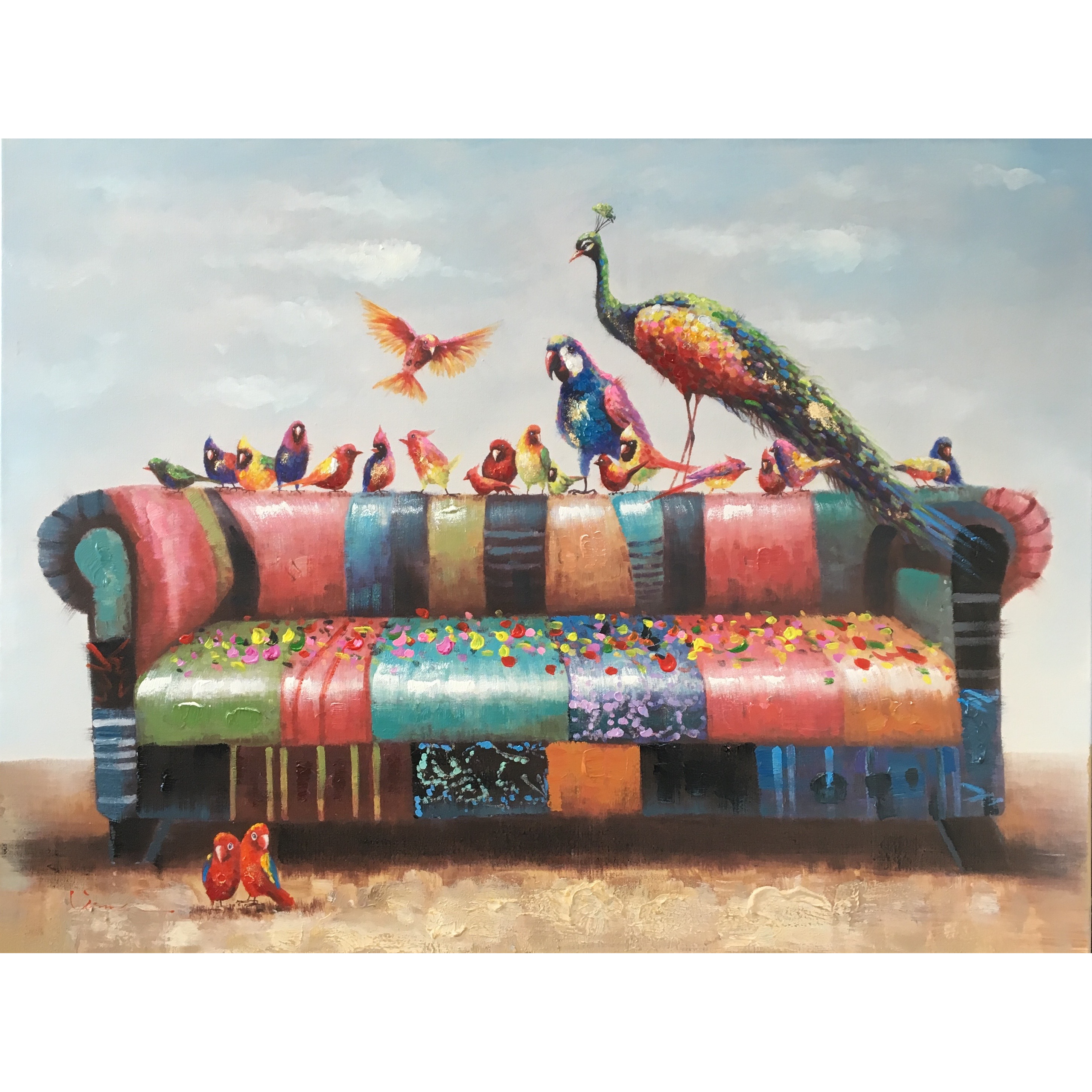 Verwonderlijk Schilderij 'Bank met vogels' - op linnen geschilderd in 90 x 120 XZ-67