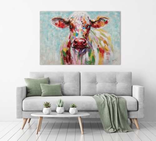 Schilderij op linnen 'Kleurrijke koe'