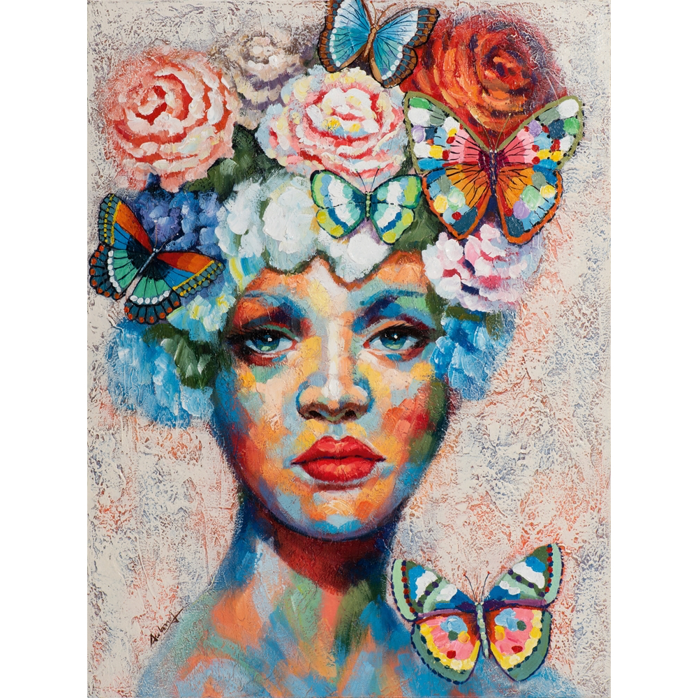 De gasten Maak leven Vrijwel Schilderij 'Vrouw met bloemen en vlinders' - 90 x 120 cm