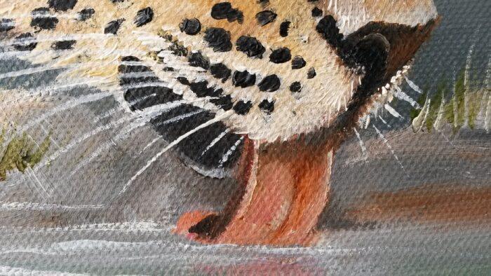Vanessa Lomas schilderij 'Leopard drinking'