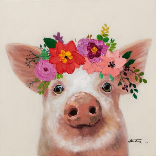 Schilderij op linnen 'Pig with flowers'