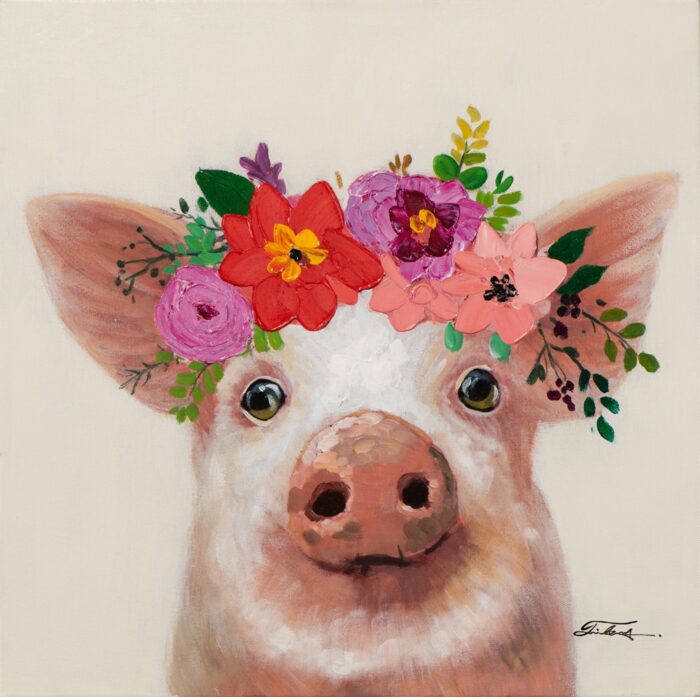 Schilderij op linnen 'Pig with flowers'