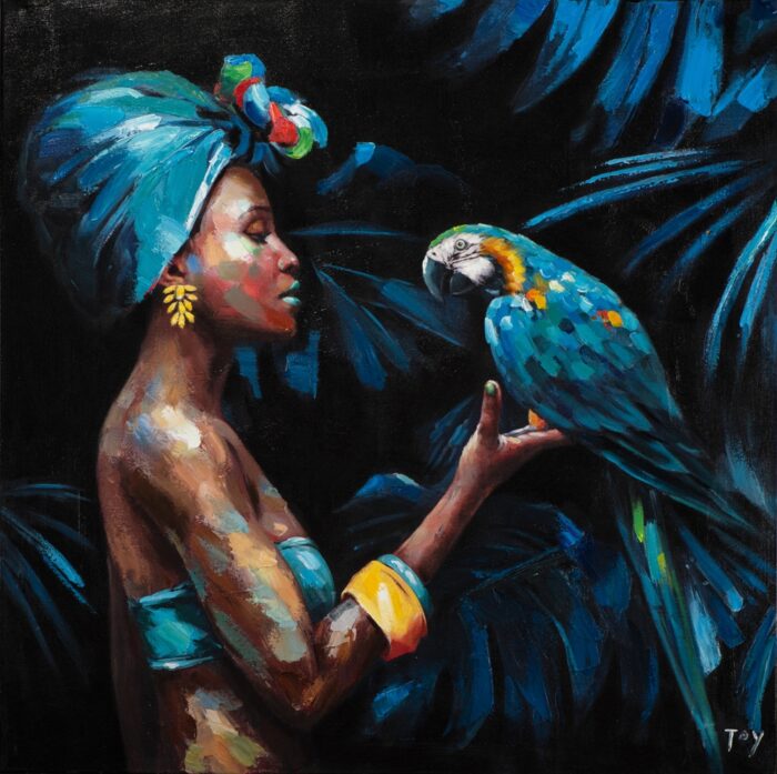 Schilderij 'Beauty with blue parrot'