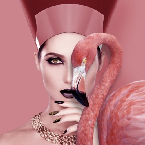 Foto op glas 'Cleopatra with flamingo'
