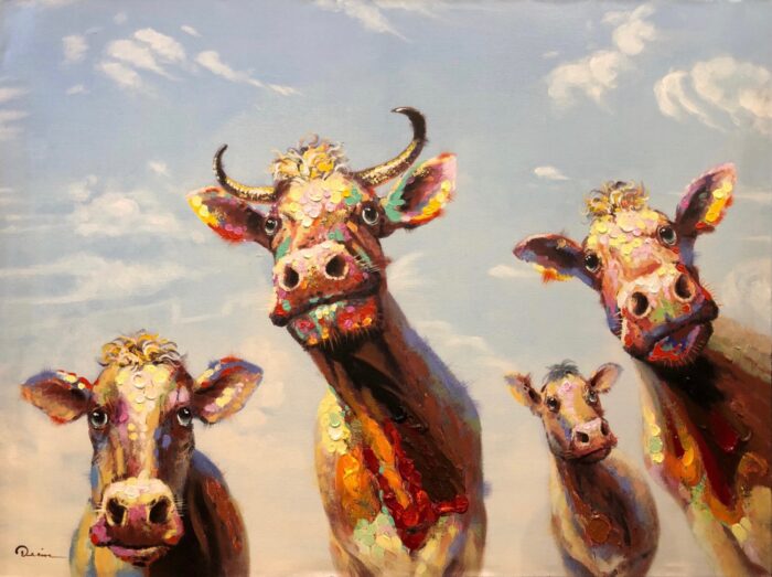 Schilderij op linnen 'Nieuwsgierige koeien'