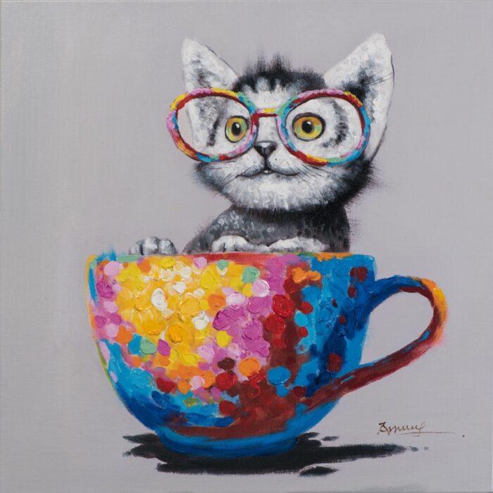 Schilderij 'Kat in gekleurd kopje'