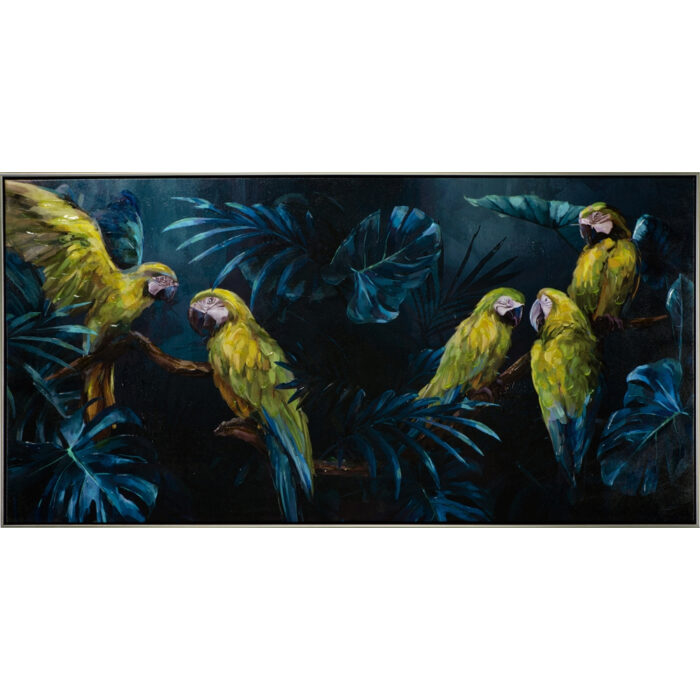 Schilderij 'Parrots in blue jungle'