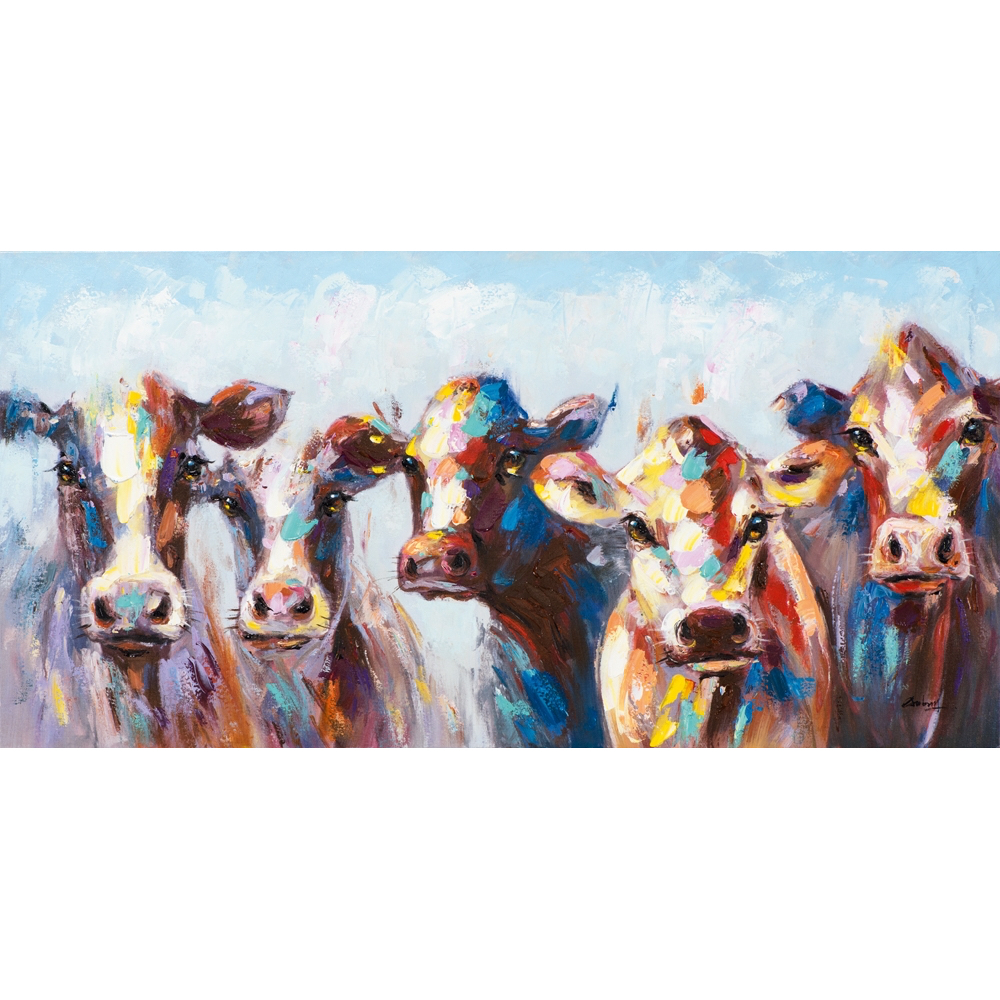 groot Wreedheid inschakelen Schilderij 'Vijf vrolijke koeien' - op linnen geschilderd - 70 x 140 cm