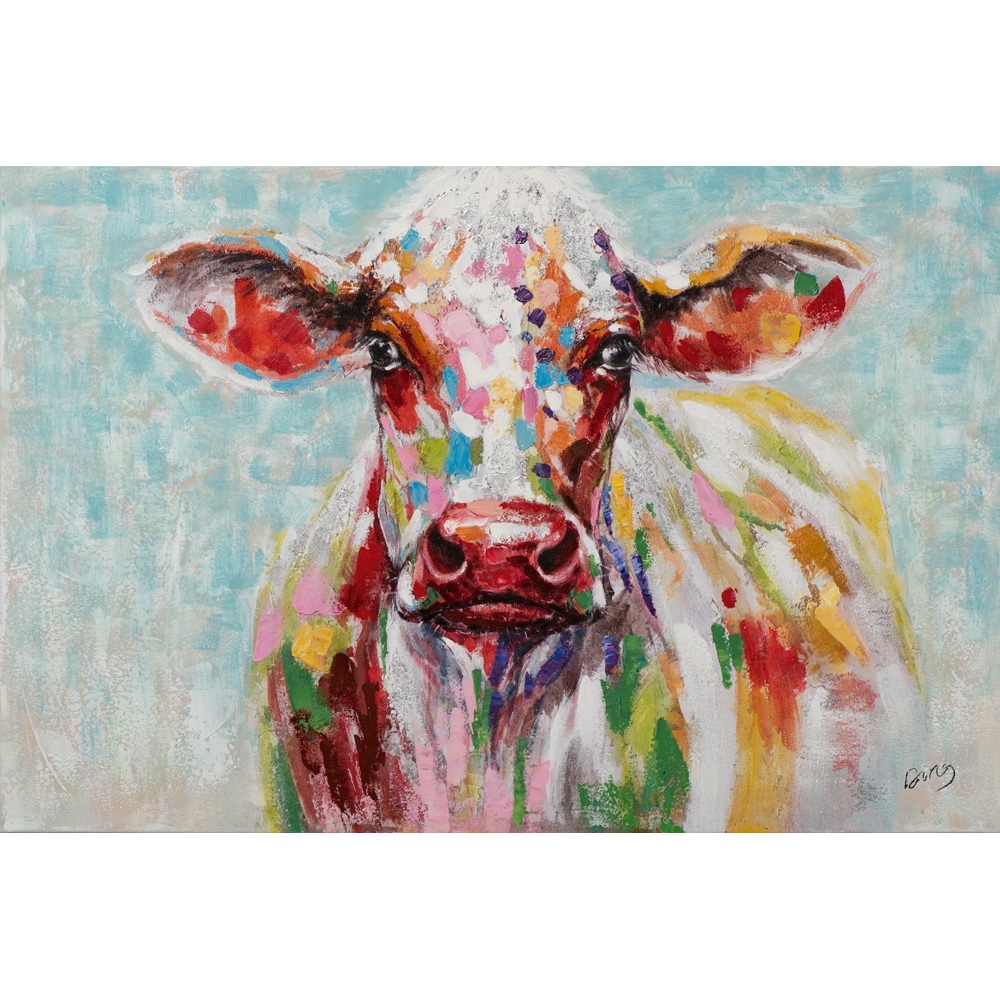 Tether Wolk heel fijn Schilderij op linnen 'Kleurrijke koe' - 80 x 120 cm - Origineel op linnen