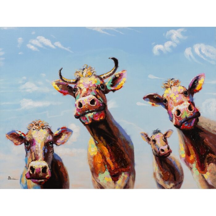 Schilderij op linnen 'Nieuwsgierige koeien'