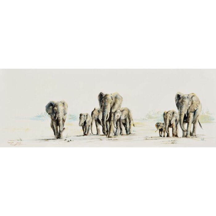Vanessa Lomas schilderij 'Elephant herd on the move'