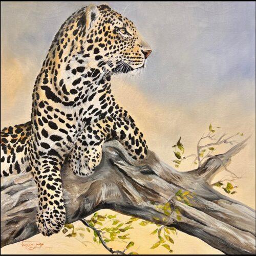 Vanessa Lomas schilderij 'Luipaard in boom'