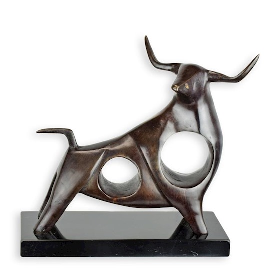 Brons beeld 'El Torro I' is een prachtige moderne stier. Dit beeld is inclusief marmeren voet.
